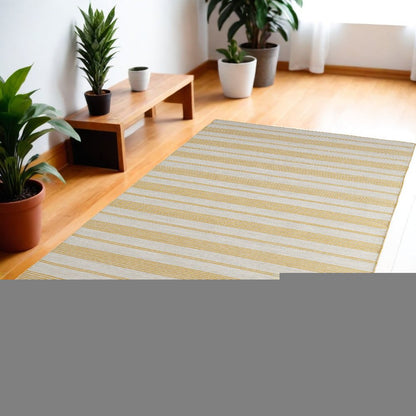 4' X 6' Yellow And Ivory Striped Dhurrie Hand Woven Stain Resistant Area Rug HomeRoots