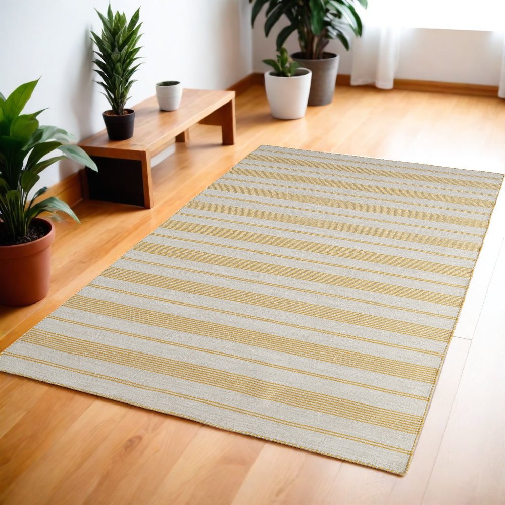 4' X 6' Yellow And Ivory Striped Dhurrie Hand Woven Stain Resistant Area Rug — view 2