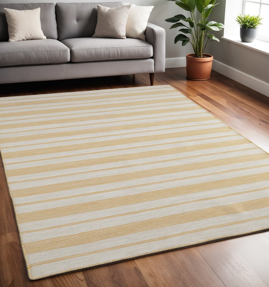 4' X 6' Yellow And Ivory Striped Dhurrie Hand Woven Stain Resistant Area Rug HomeRoots