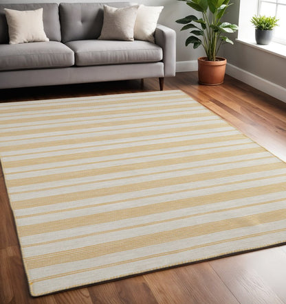 4' X 6' Yellow And Ivory Striped Dhurrie Hand Woven Stain Resistant Area Rug HomeRoots