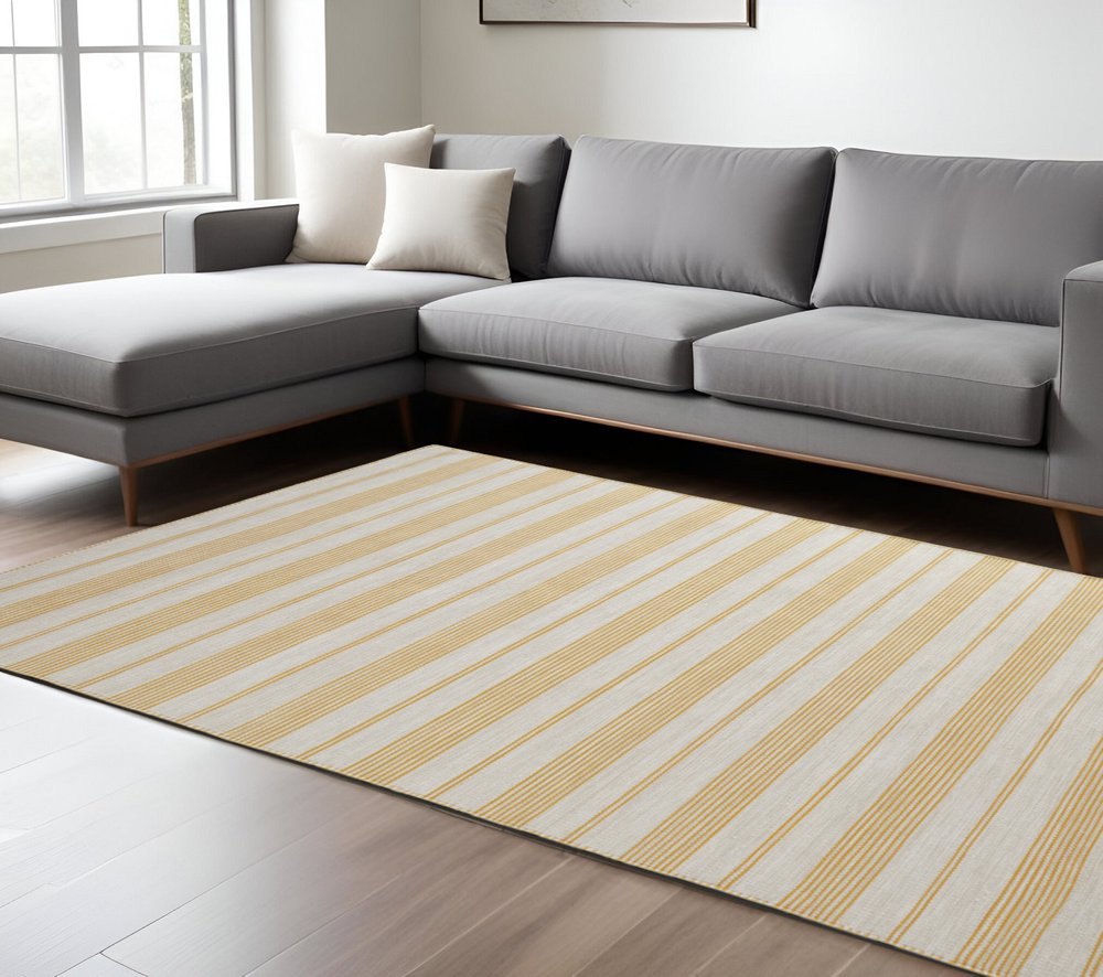 4' X 6' Yellow And Ivory Striped Dhurrie Hand Woven Stain Resistant Area Rug HomeRoots