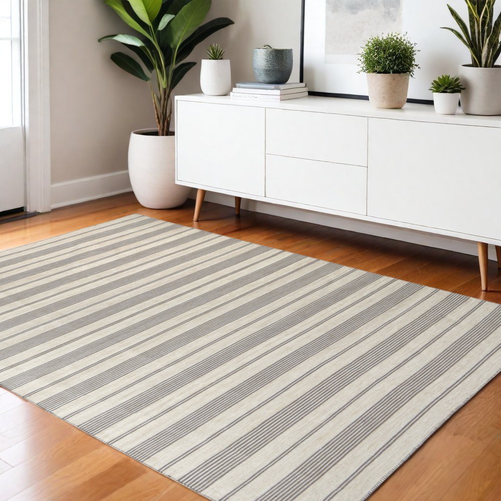 4' X 6' Gray and Ivory Striped Hand Woven Area Rug — view 1