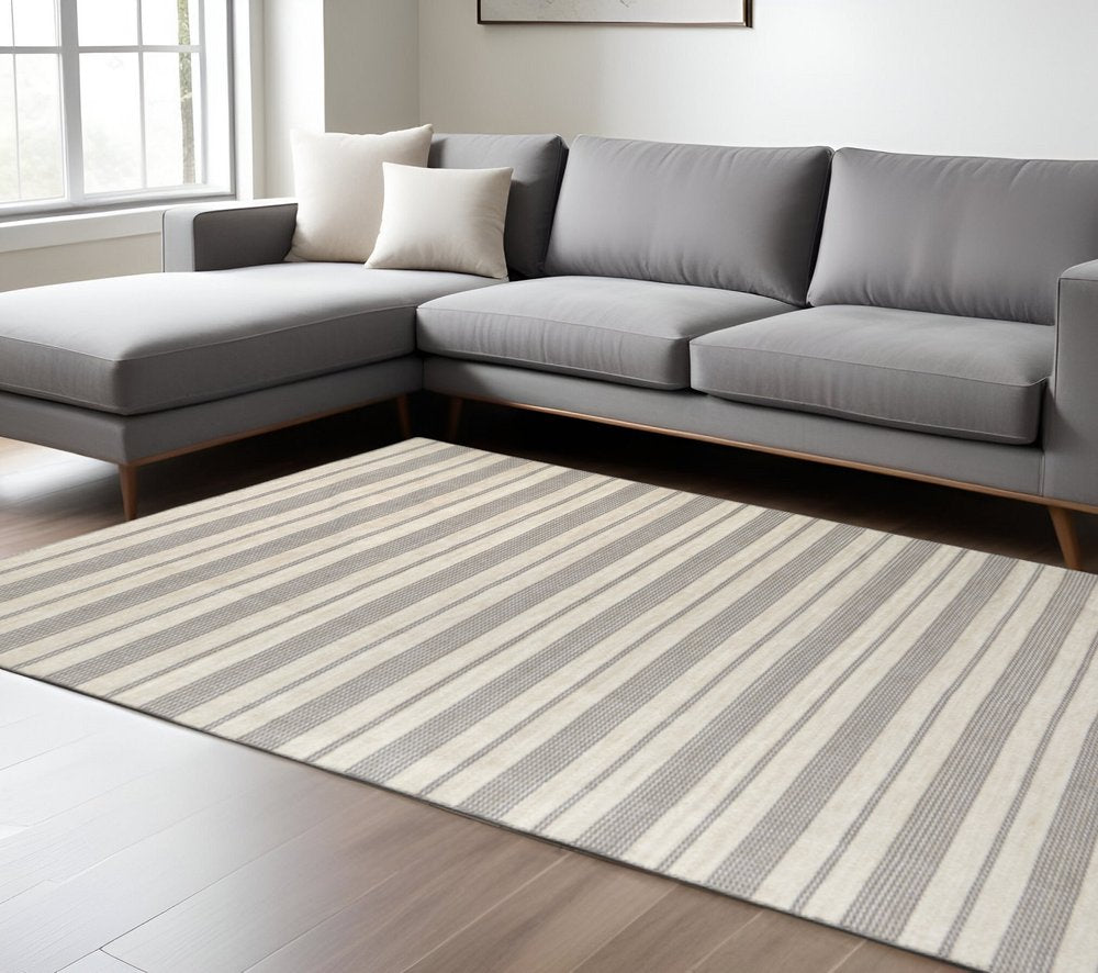 4' X 6' Gray and Ivory Striped Hand Woven Area Rug — view 22