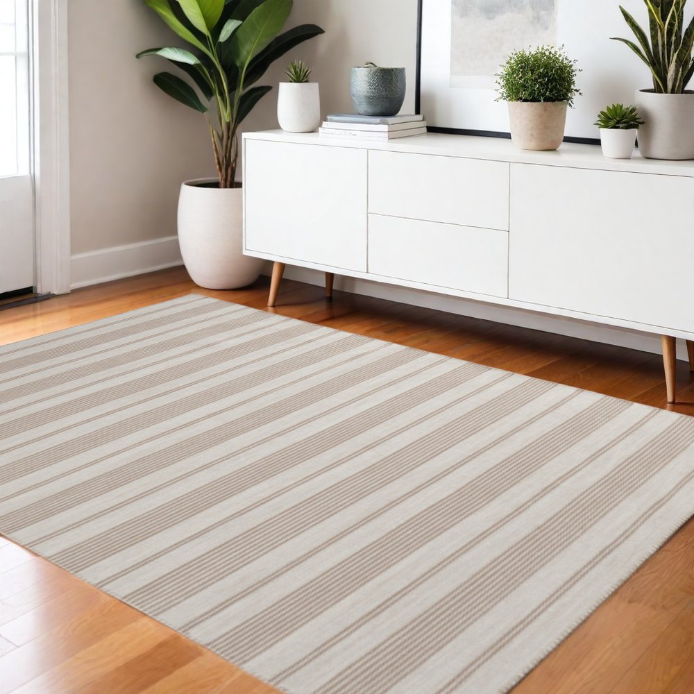 4' X 6' Ivory And Taupe Striped Hand Woven Area Rug — view 1
