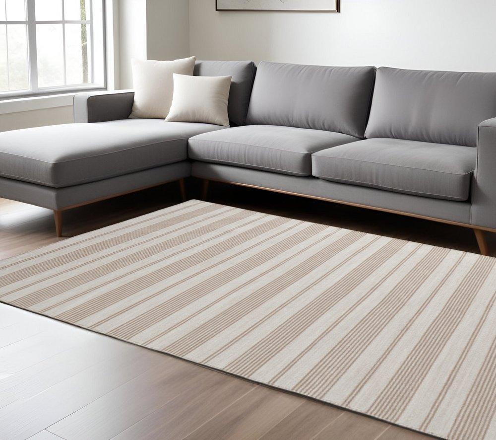 4' X 6' Ivory And Taupe Striped Hand Woven Area Rug HomeRoots