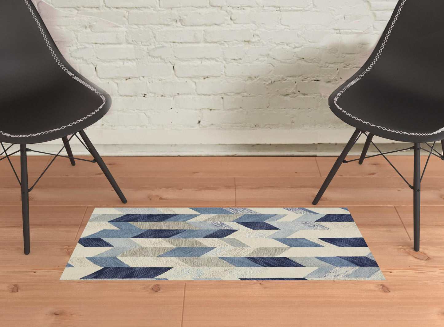 2' X 3' Blue Ivory And Gray Wool Geometric Tufted Handmade Area Rug - 48.0" (L) x 72.0" (W) x 0.5" (H)