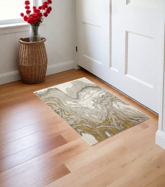 2' X 3' Gold Ivory And Gray Abstract Stain Resistant Area Rug - 48.0" (L) x 72.0" (W) x 0.63" (H)