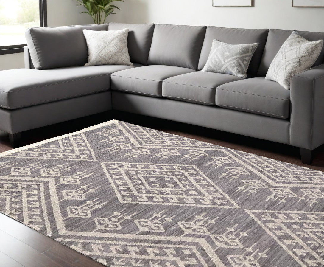 9' X 12' Gray Ivory And Blue Wool Geometric Dhurrie Flatweave Handmade Area Rug With Fringe - 108.0" (H) x 144.0" (W) x 0.4" (D)