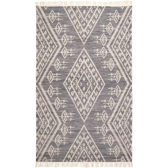 9' X 12' Gray Ivory And Blue Wool Geometric Dhurrie Flatweave Handmade Area Rug With Fringe - 108.0" (H) x 144.0" (W) x 0.4" (D)