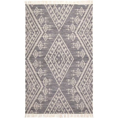 9' X 12' Gray Ivory And Blue Wool Geometric Dhurrie Flatweave Handmade Area Rug With Fringe - 108.0" (H) x 144.0" (W) x 0.4" (D)