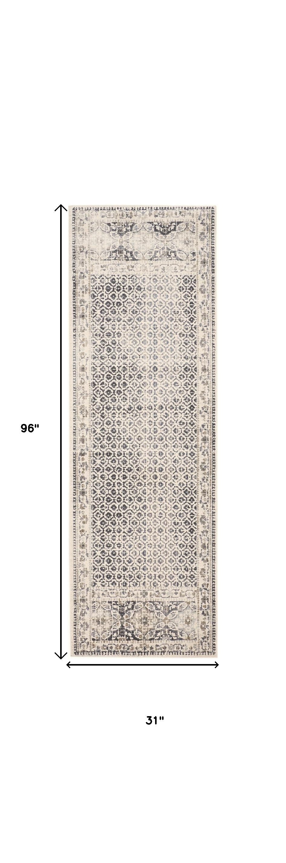 8' Gray and Ivory Abstract Geometric Power Loom Distressed Runner Rug - 31.0" (H) x 96.0" (W) x 0.41" (D)