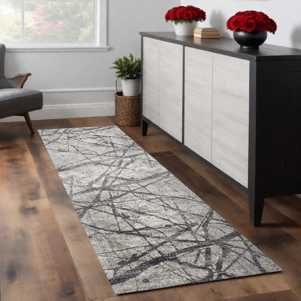 8' Gray and Ivory Abstract Power Loom Distressed Runner Rug - 31.0" (H) x 96.0" (W) x 0.41" (D)