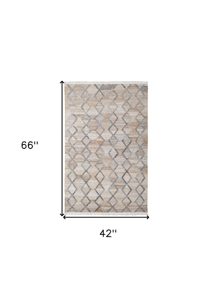 4' X 6' Gray Ivory And Tan Geometric Hand Woven Stain Resistant Area Rug With Fringe — view 11