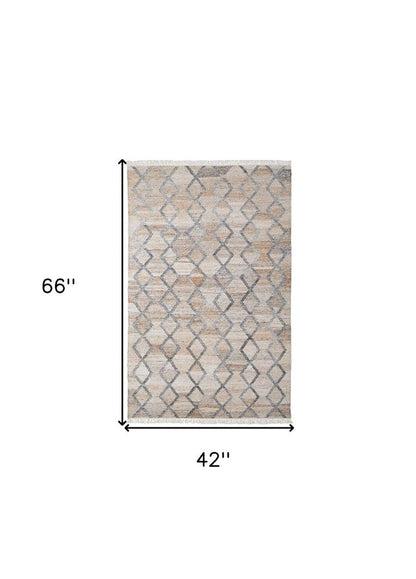 4' X 6' Gray Ivory And Tan Geometric Hand Woven Stain Resistant Area Rug With Fringe HomeRoots