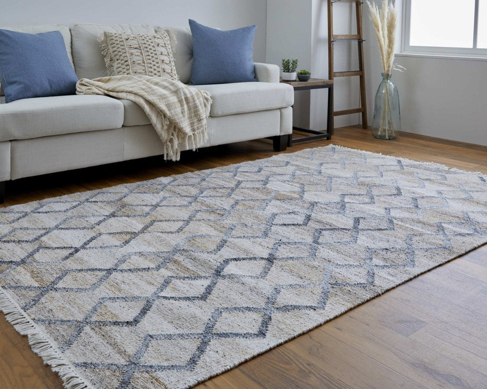 4' X 6' Gray Ivory And Tan Geometric Hand Woven Stain Resistant Area Rug With Fringe HomeRoots