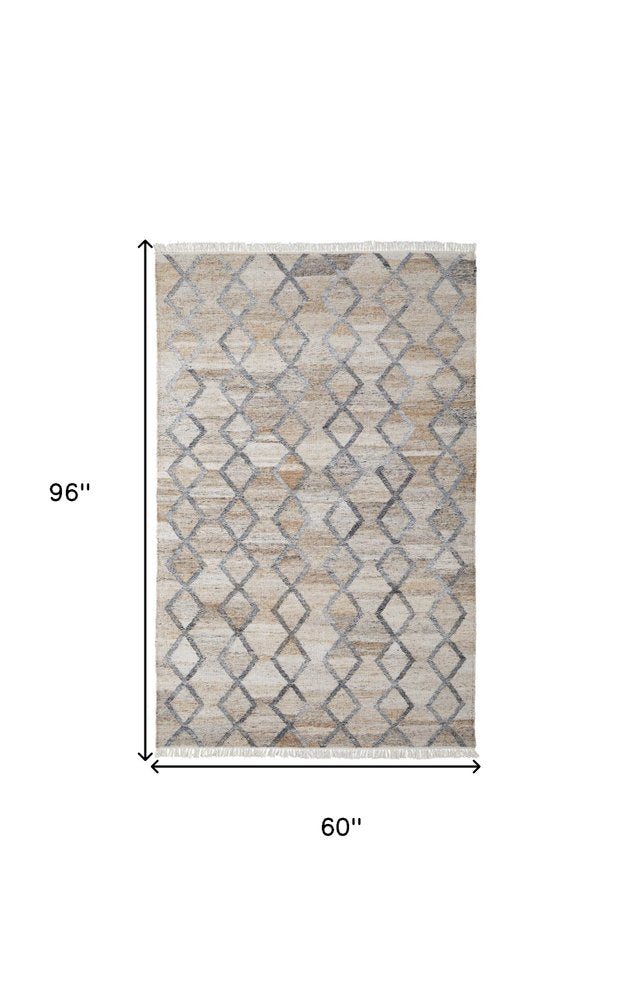 4' X 6' Gray Ivory And Tan Geometric Hand Woven Stain Resistant Area Rug With Fringe HomeRoots