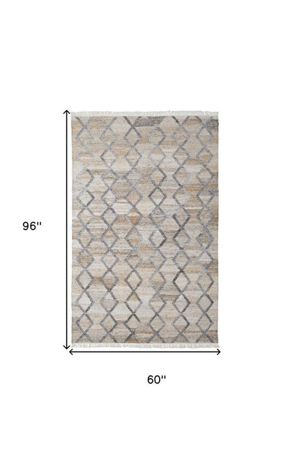 4' X 6' Gray Ivory And Tan Geometric Hand Woven Stain Resistant Area Rug With Fringe HomeRoots