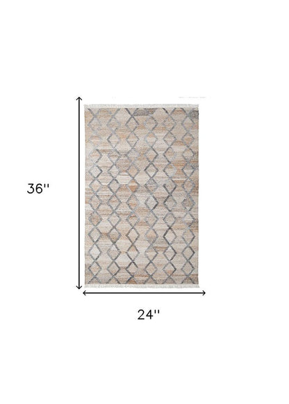 4' X 6' Gray Ivory And Tan Geometric Hand Woven Stain Resistant Area Rug With Fringe HomeRoots