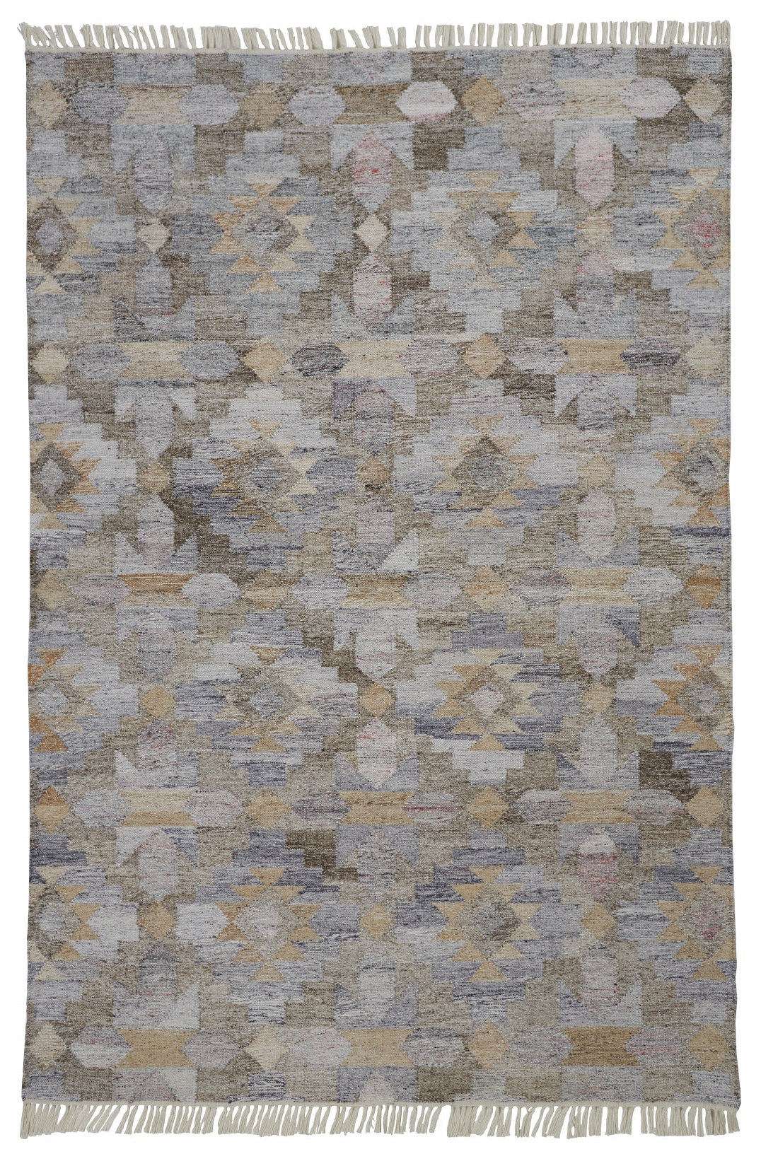 8' X 10' Taupe Gray And Blue Geometric Hand Woven Stain Resistant Area Rug With Fringe - 96.0" (H) x 120.0" (W) x 0.25" (D)