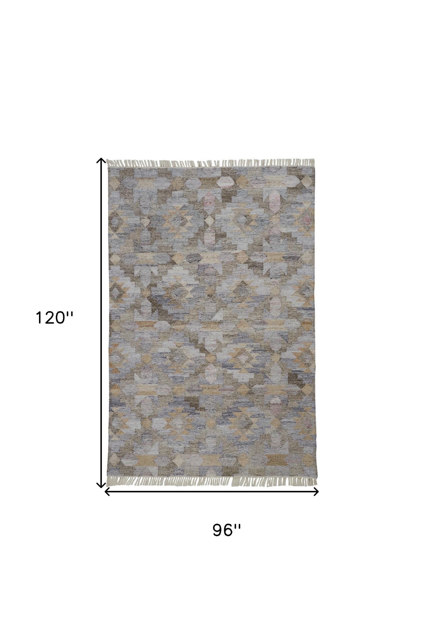 8' X 10' Taupe Gray And Blue Geometric Hand Woven Stain Resistant Area Rug With Fringe - 96.0" (H) x 120.0" (W) x 0.25" (D)