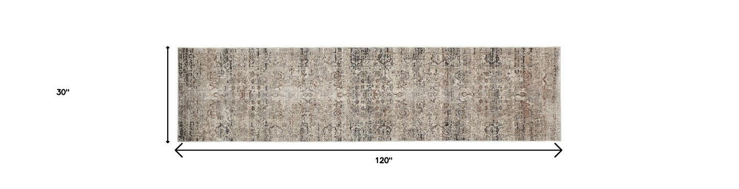 10' Taupe Ivory And Gray Abstract Distressed Runner Rug With Fringe - 27.0" (L) x 156.0" (W) x 0.6" (H)