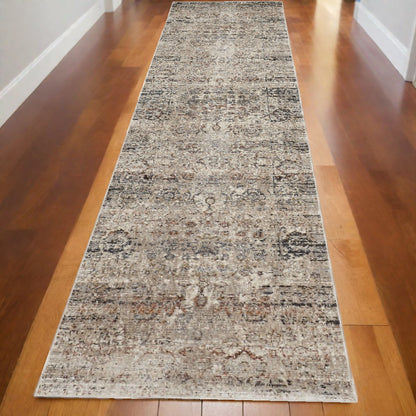 10' Taupe Ivory And Gray Abstract Distressed Runner Rug With Fringe - 27.0" (L) x 156.0" (W) x 0.6" (H)