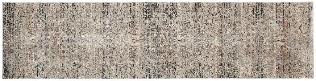 12' Taupe Ivory And Gray Abstract Distressed Runner Rug With Fringe - 26.77" (L) x 92.52" (W) x 0.23" (H)