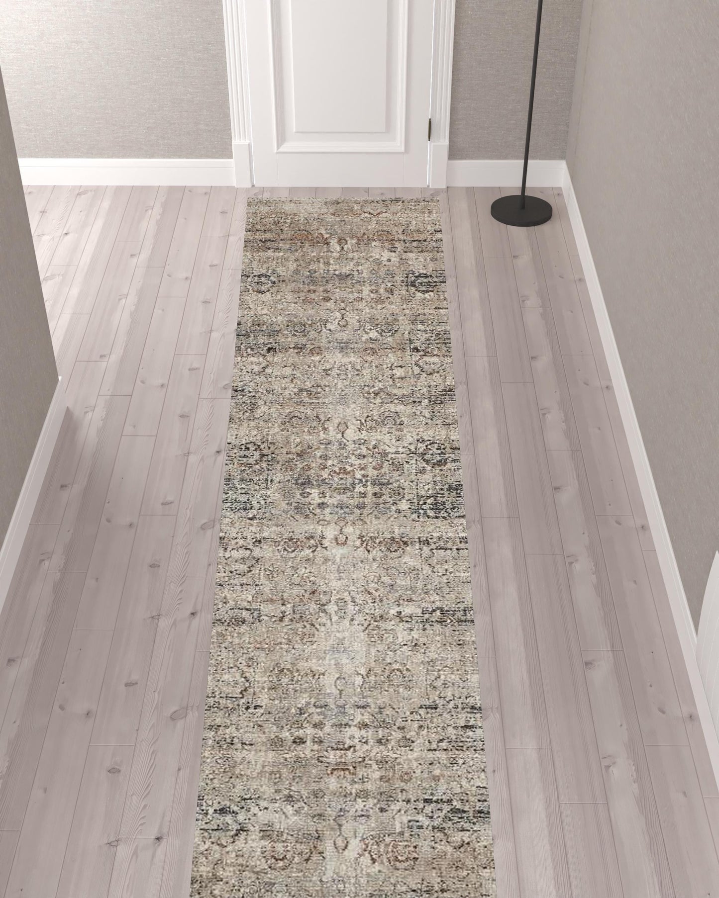 12' Taupe Ivory And Gray Abstract Distressed Runner Rug With Fringe - 26.77" (L) x 92.52" (W) x 0.23" (H)