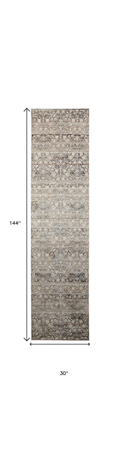 12' Gray and Ivory Oriental Power Loom Distressed Runner Rug With Fringe - 24.0" (L) x 48.0" (W) x 0.5" (H)