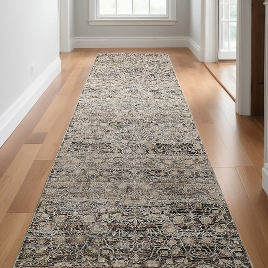 12' Gray and Ivory Oriental Power Loom Distressed Runner Rug With Fringe - 24.0" (L) x 48.0" (W) x 0.5" (H)