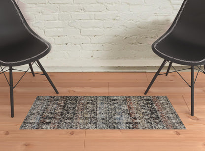 2' X 3' Gray Black And Red Abstract Distressed Area Rug With Fringe - 48.0" (L) x 72.0" (W) x 0.28" (H)