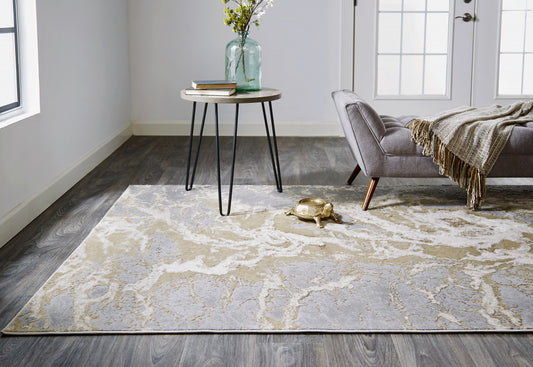 7' X 10' Ivory Silver And Gold Abstract Stain Resistant Area Rug - 79.0" (H) x 114.0" (W) x 0.39" (D)