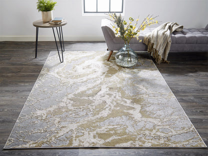 10' X 13' Ivory Silver And Gold Abstract Stain Resistant Area Rug - 20.0" (L) x 34.0" (W) x 0.63" (H)