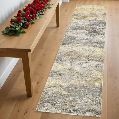 8' Gray and Ivory Abstract Power Loom Runner Rug