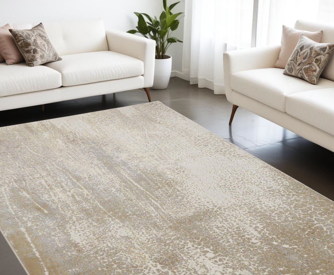 10' X 13' Ivory Gray And Gold Abstract Stain Resistant Area Rug - 20.0" (L) x 34.0" (W) x 0.39" (H)