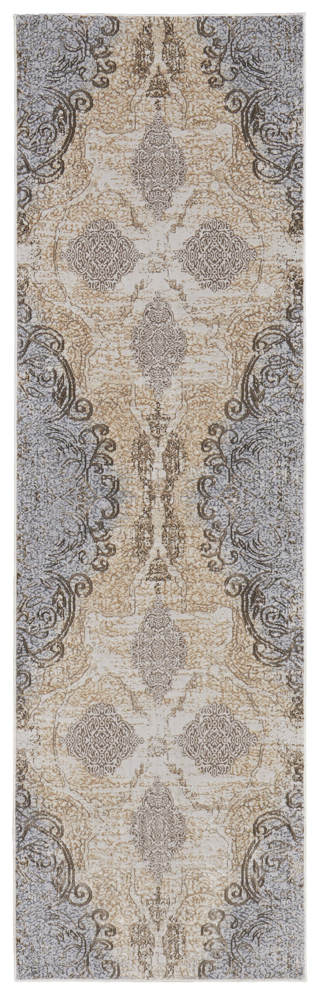 8' Gray and Brown Medallion Power Loom Distressed Runner Rug - 30.0" (H) x 96.0" (W) x 0.39" (D)