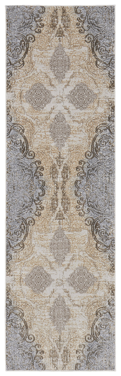 8' Gray and Brown Medallion Power Loom Distressed Runner Rug - 30.0" (H) x 96.0" (W) x 0.39" (D)