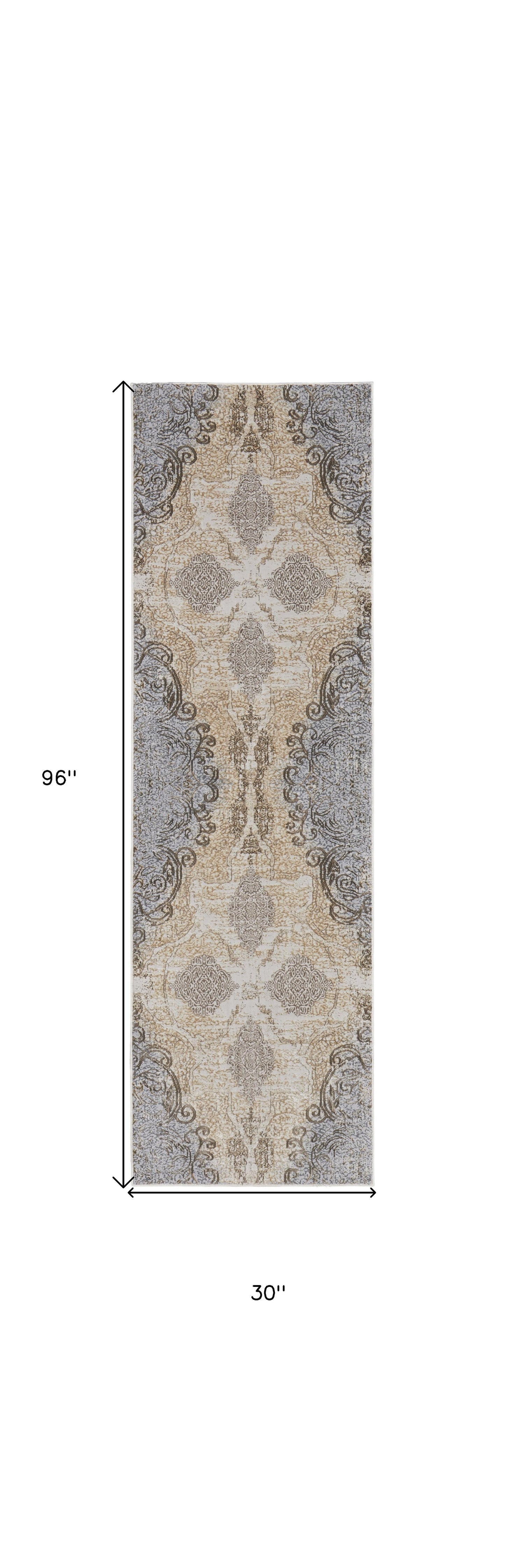 8' Gray and Brown Medallion Power Loom Distressed Runner Rug - 30.0" (H) x 96.0" (W) x 0.39" (D)