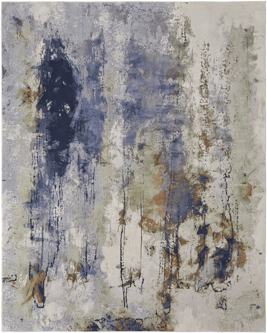 8' X 10' Blue Orange And Ivory Abstract Power Loom Area Rug - 93.0" (H) x 120.0" (W) x 0.39" (D) FurniFindUSA