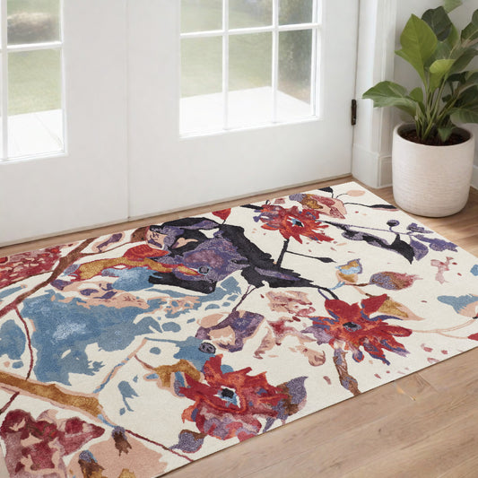 2' X 3' Blue and Red Floral Hand Tufted Area Rug - 45.0" (L) x 60.0" (W) x 0.8" (H)