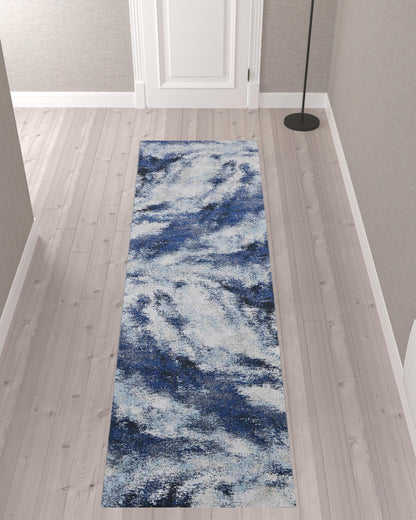 10' Blue and Ivory Abstract Power Loom Runner Rug - 26.0" (L) x 120.0" (W) x 0.28" (H)