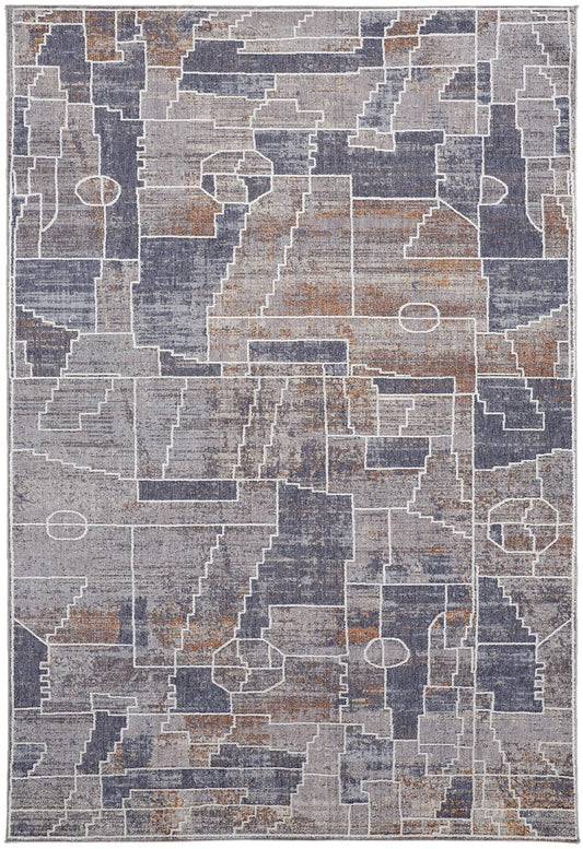 7' X 9' Blue Gray And Orange Geometric Power Loom Stain Resistant Area Rug - 79.0" (H) x 112.0" (W) x 0.47" (D)