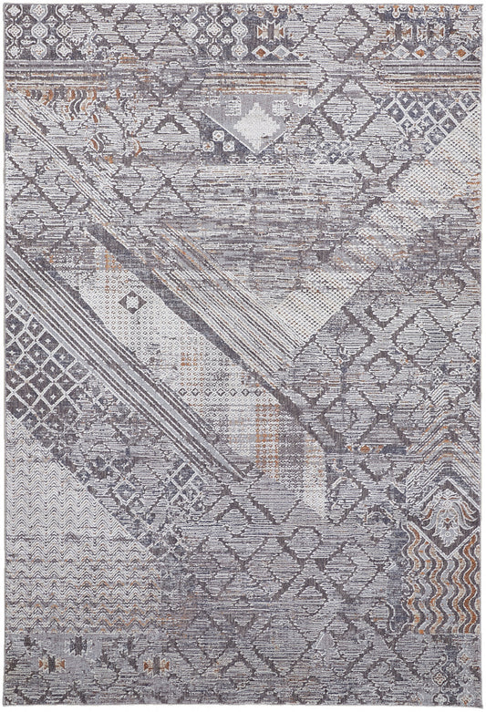 9' X 12' Ivory And Gray Geometric Power Loom Distressed Stain Resistant Area Rug - 108.0" (H) x 144.0" (W) x 0.47" (D)