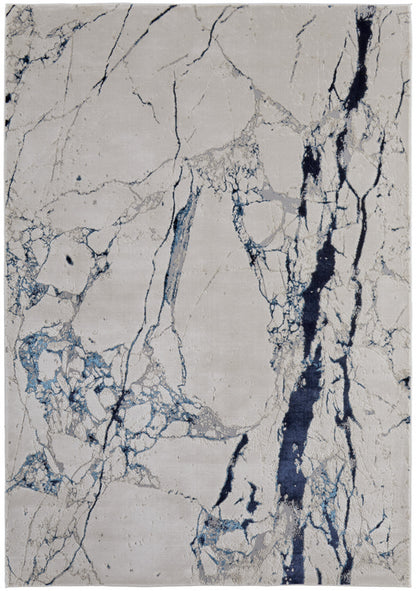 10' X 13' Ivory and Blue Marble Power Loom Distressed Area Rug - 24.0" (L) x 36.0" (W) x 0.39" (H)