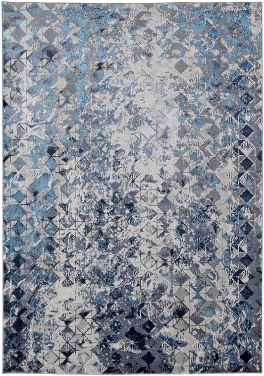 9' X 12' Blue Ivory And Gray Geometric Power Loom Distressed Area Rug - 110.0" (H) x 144.0" (W) x 0.39" (D)