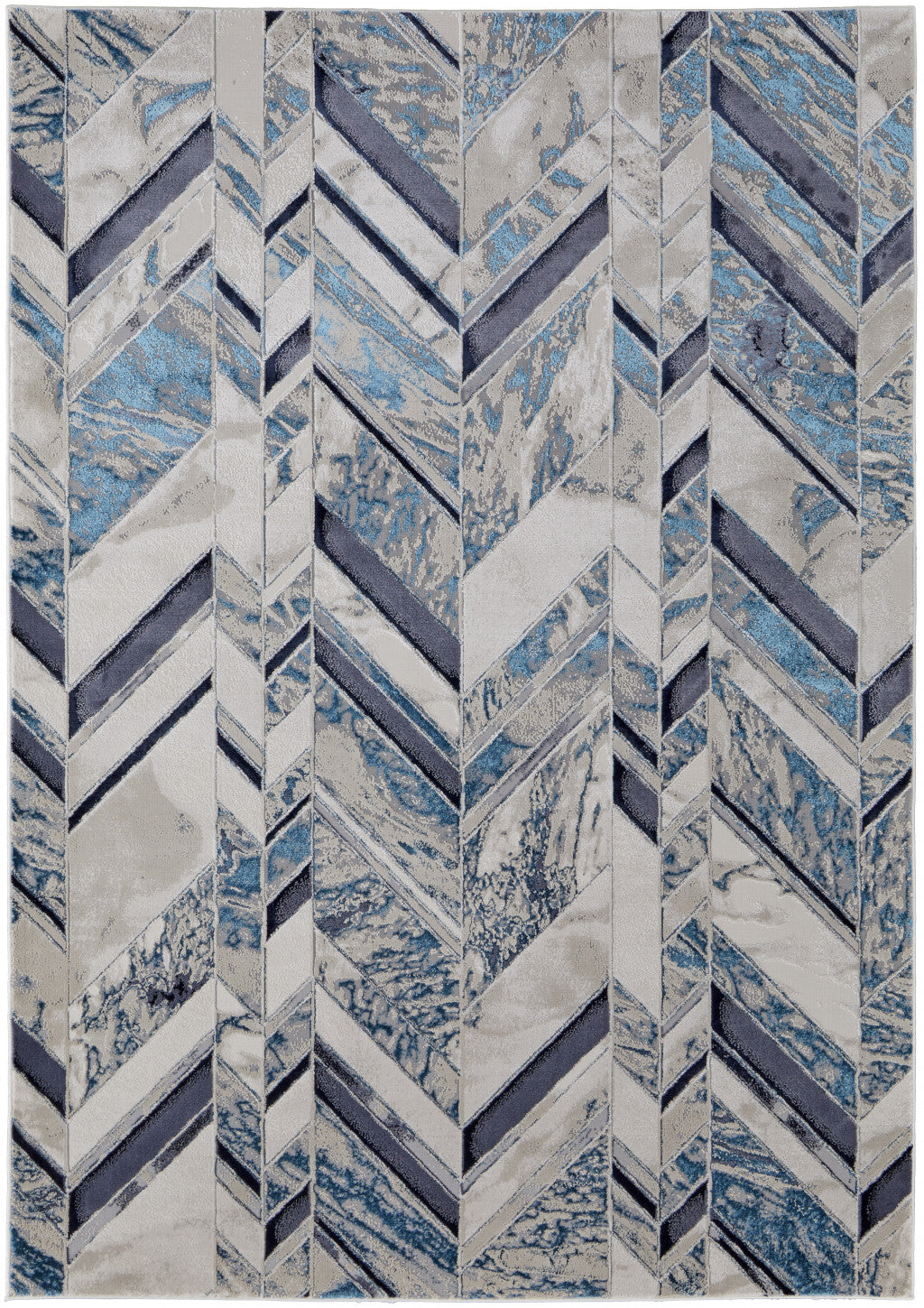 9' X 12' Ivory Blue And Gray Chevron Power Loom Distressed Area Rug - 110.0" (H) x 144.0" (W) x 0.39" (D)