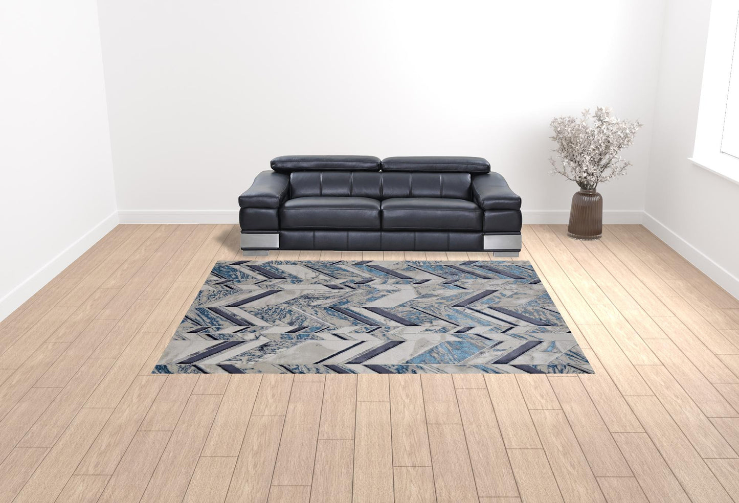 9' X 12' Ivory Blue And Gray Chevron Power Loom Distressed Area Rug - 110.0" (H) x 144.0" (W) x 0.39" (D)