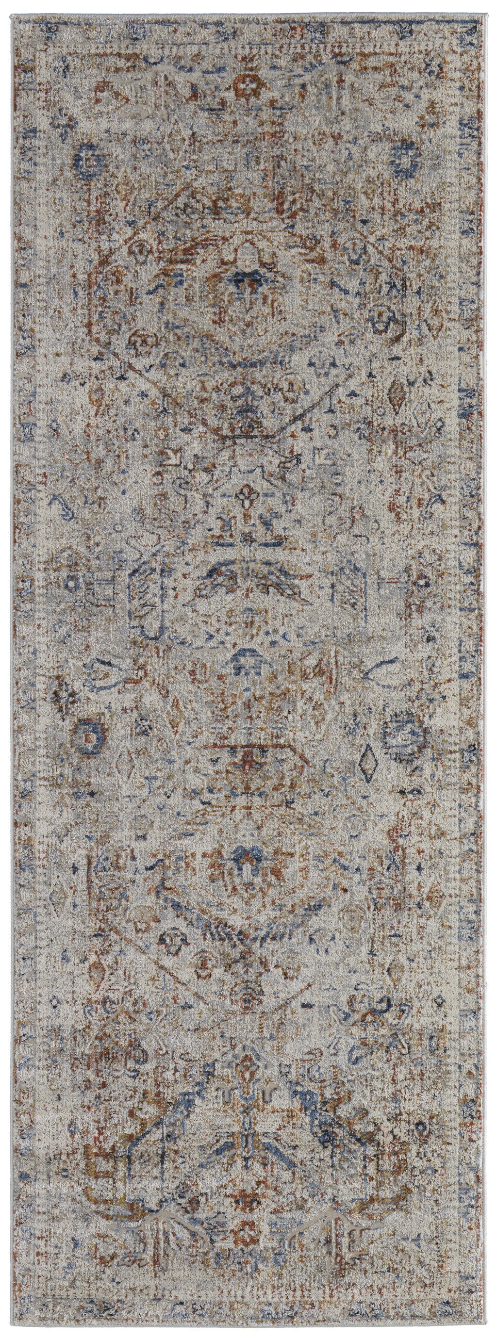 12' Ivory Blue and Orange Medallion Power Loom Distressed Runner Rug With Fringe - 24.0" (L) x 72.0" (W) x 0.28" (H)