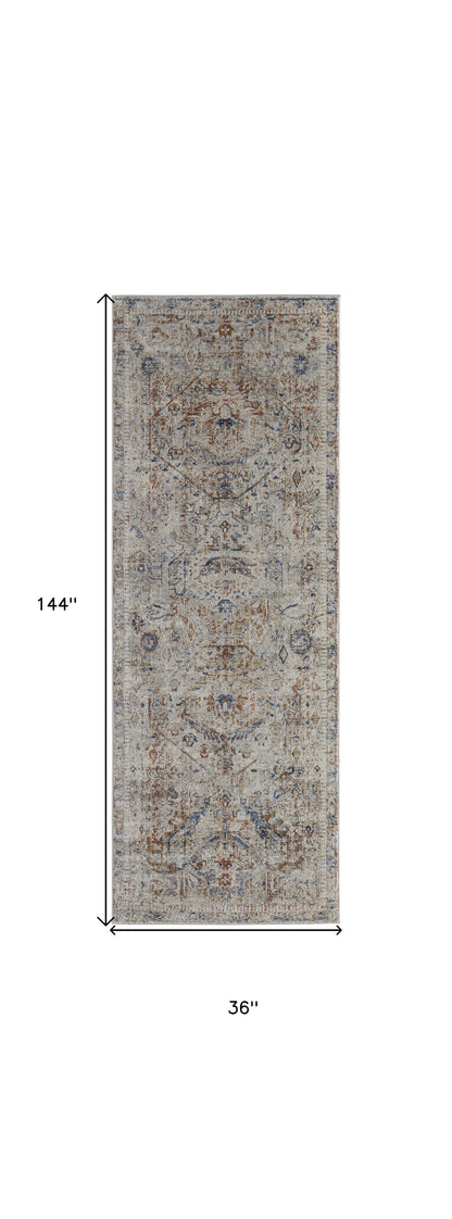 12' Ivory Blue and Orange Medallion Power Loom Distressed Runner Rug With Fringe - 24.0" (L) x 72.0" (W) x 0.28" (H)