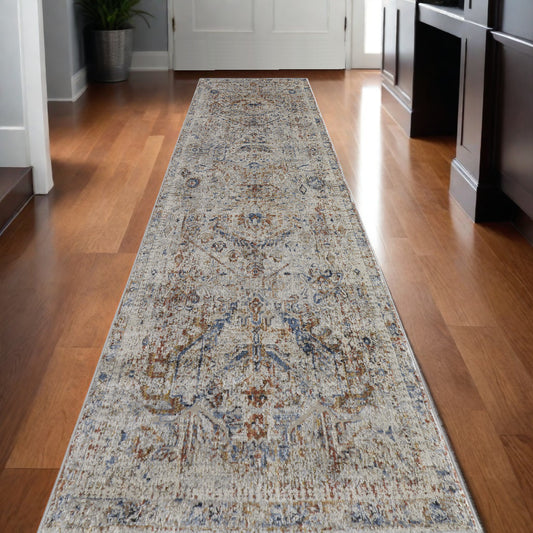 12' Ivory Blue and Orange Medallion Power Loom Distressed Runner Rug With Fringe - 24.0" (L) x 72.0" (W) x 0.28" (H)